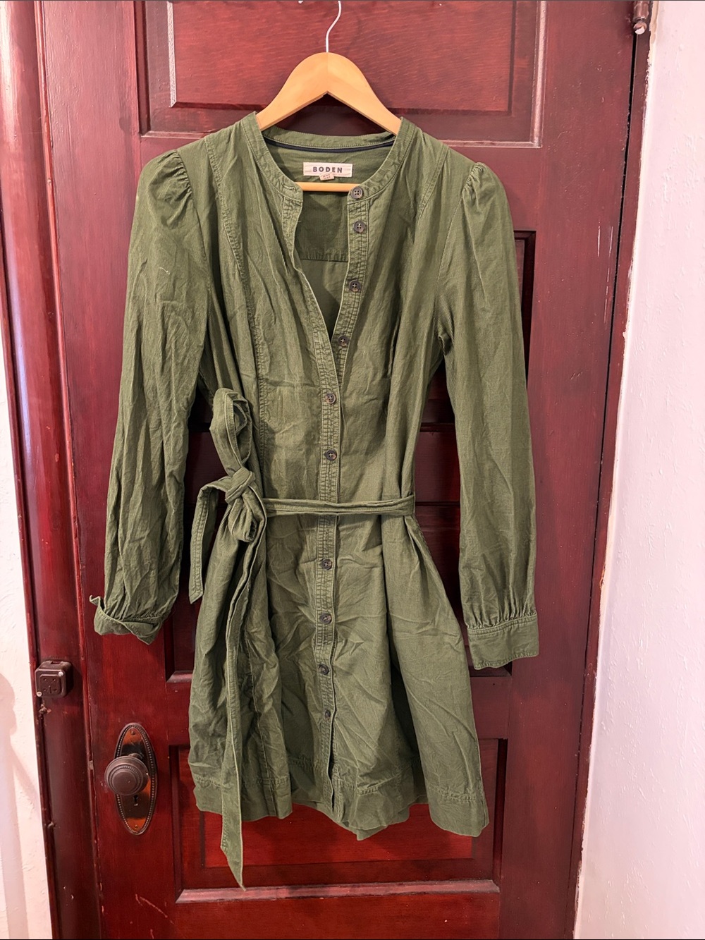 Boden Olive Green Long-Sleeve Button-Front Shirt Dress with Tie Waist